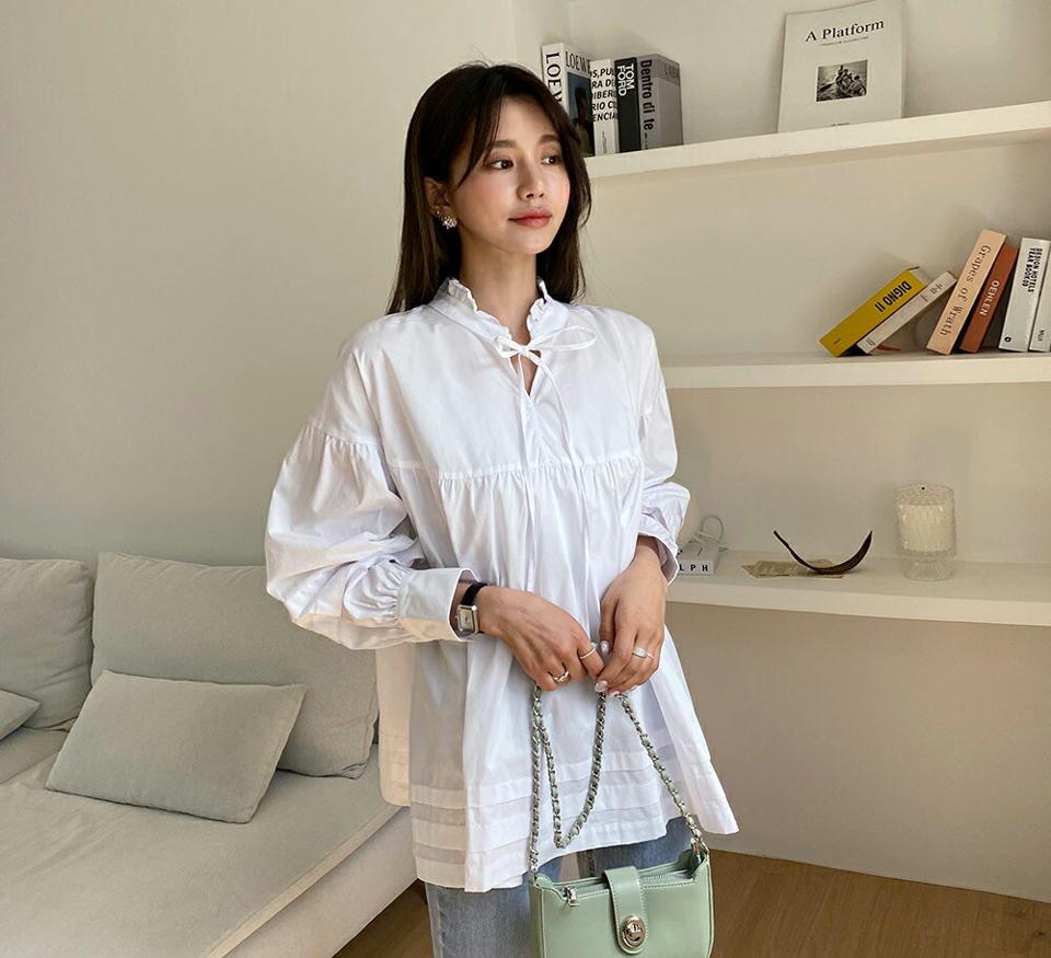 フリルリボンギャザーブラウス・全1色・b65187 レディース 【bl】【韓国 ファッション トップス ブラウス 長袖 フリル パフスリーブ ネックスリット リボン ギャザー フレア ルーズ 体型カバー 夏 春】