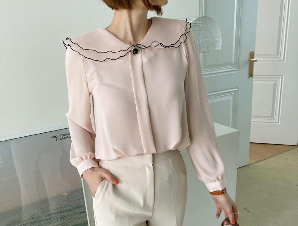 ラウンドダブルカラーブラウス・全3色・t65171 レディース 【bl】【韓国 ファッション トップス ブラウス 長袖 ラウンドネック 異素材 コントラスト ラウンドカラー ボリューム フェミニン ガーリー 体型カバー 夏 春】