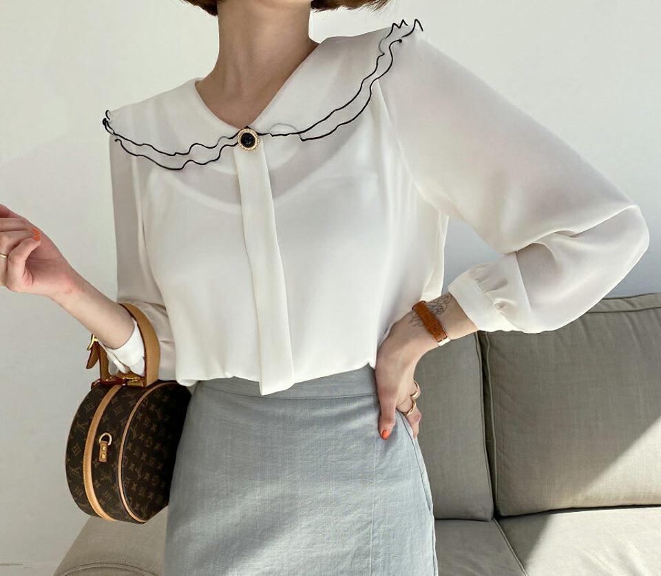 ラウンドダブルカラーブラウス・全3色・t65171 レディース 【bl】【韓国 ファッション トップス ブラウス 長袖 ラウンドネック 異素材 コントラスト ラウンドカラー ボリューム フェミニン ガーリー 体型カバー 夏 春】