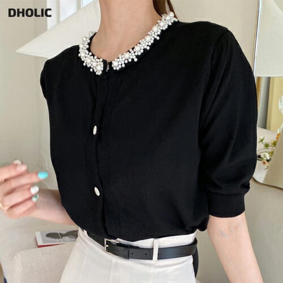 フラワーフェイクパールネックニット・全3色・b67773 レディース 【tops】 トップス ニット ニットトップス 半袖 ハーフスリーブ 花 パール 大人 上品 フェミニン きれいめ 春 夏 韓国 ファッション ハイホリHIHOLLI