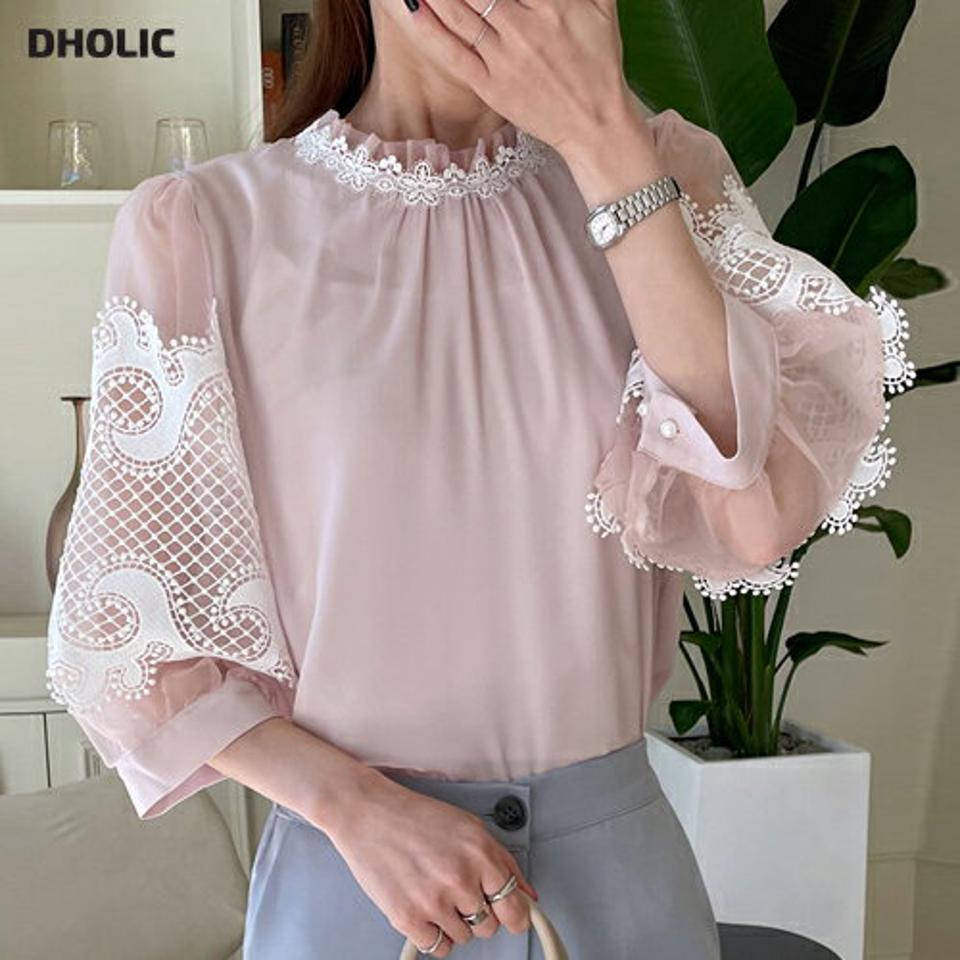 レースポイントパフブラウス・全3色・b67775 レディース 【tops】【トップス ブラウス パフ袖 パフスリーブ レース フェミニン ガーリー フリルネック 透け感 シアー 可愛い かわいい 春 秋 韓国 ファッション】【ハイホリHIHOLLI】