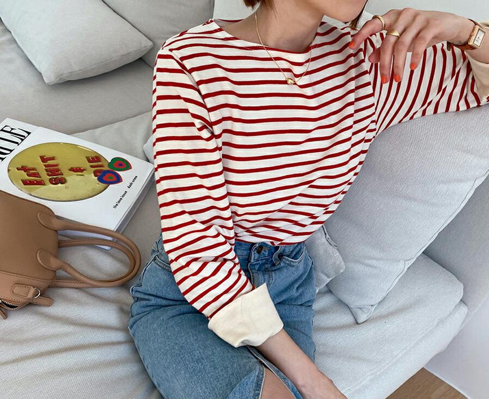 スリットスリーブボーダーTシャツ・全3色・t65185 レディース 【tops】【韓国 ファッション トップス Tシャツ 長袖 スリットスリーブ ボーダー 配色 ストライプ スリム カジュアル 体型カーバー デイリー 夏 春】