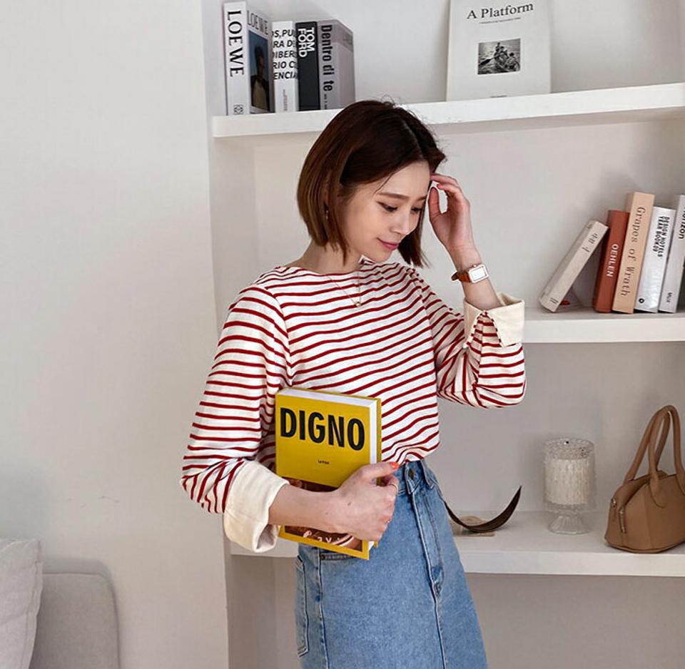 スリットスリーブボーダーTシャツ・全3色・t65185 レディース 【tops】【韓国 ファッション トップス Tシャツ 長袖 スリットスリーブ ボーダー 配色 ストライプ スリム カジュアル 体型カーバー デイリー 夏 春】