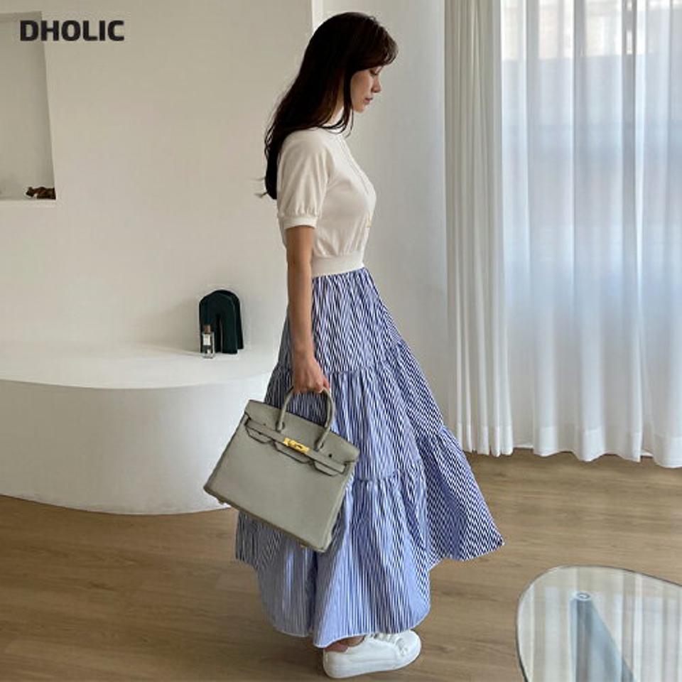 ≪人気商品再入荷≫ストライプコントラストワンピース・全3色・b67824 レディース 【ops】 ワンピース ロングワンピース 半袖 ストライプ柄 コントラスト 大人 爽やか ティアード 春 夏 韓国ファッション ハイホリHIHOLLI