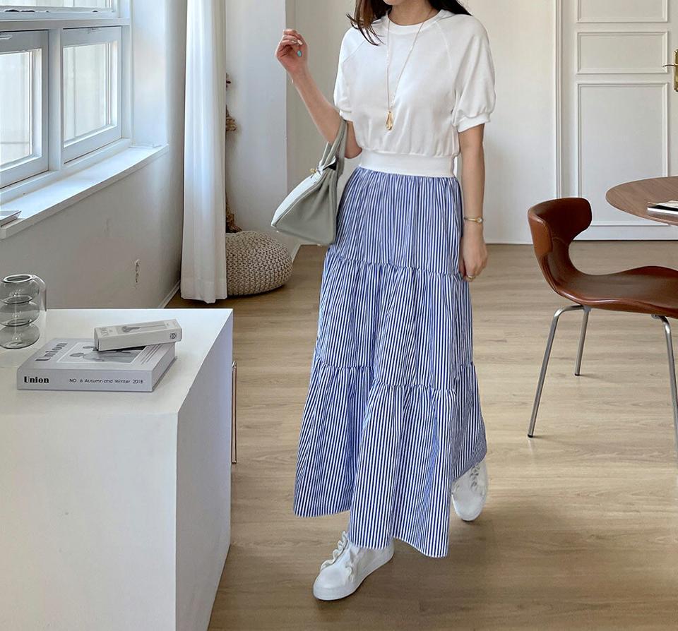 ≪人気商品再入荷≫ストライプコントラストワンピース・全3色・b67824 レディース 【ops】 ワンピース ロングワンピース 半袖 ストライプ柄 コントラスト 大人 爽やか ティアード 春 夏 韓国ファッション ハイホリHIHOLLI