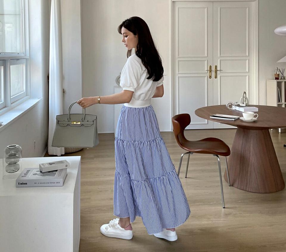 ≪人気商品再入荷≫ストライプコントラストワンピース・全3色・b67824 レディース 【ops】 ワンピース ロングワンピース 半袖 ストライプ柄 コントラスト 大人 爽やか ティアード 春 夏 韓国ファッション ハイホリHIHOLLI