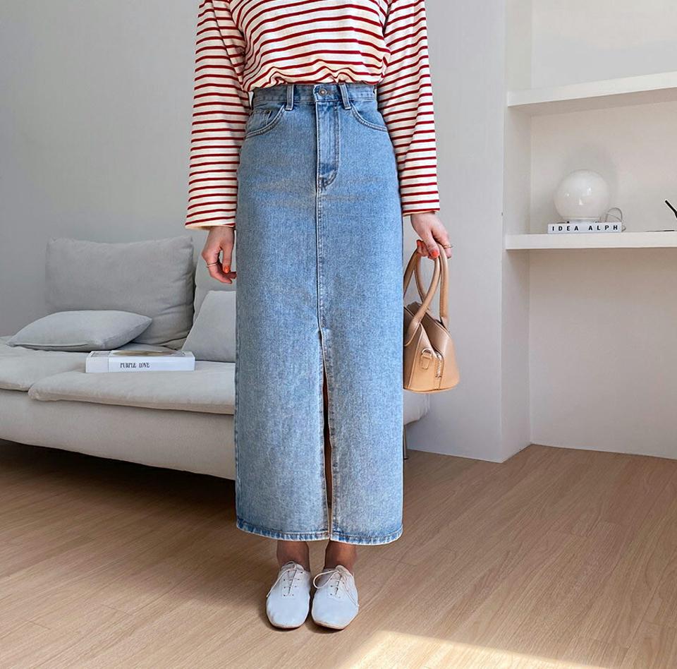 スリットデニムスカート・全2色・t65186 レディース 【sk】【韓国 ファッション ボトムス スカート ロング ロングスカート スリット デニム デニムスカート 体型カバー 細身 カジュアル ベーシック フェミニン 夏 春】