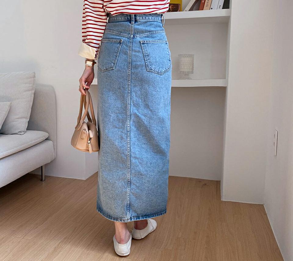 スリットデニムスカート・全2色・t65186 レディース 【sk】【韓国 ファッション ボトムス スカート ロング ロングスカート スリット デニム デニムスカート 体型カバー 細身 カジュアル ベーシック フェミニン 夏 春】