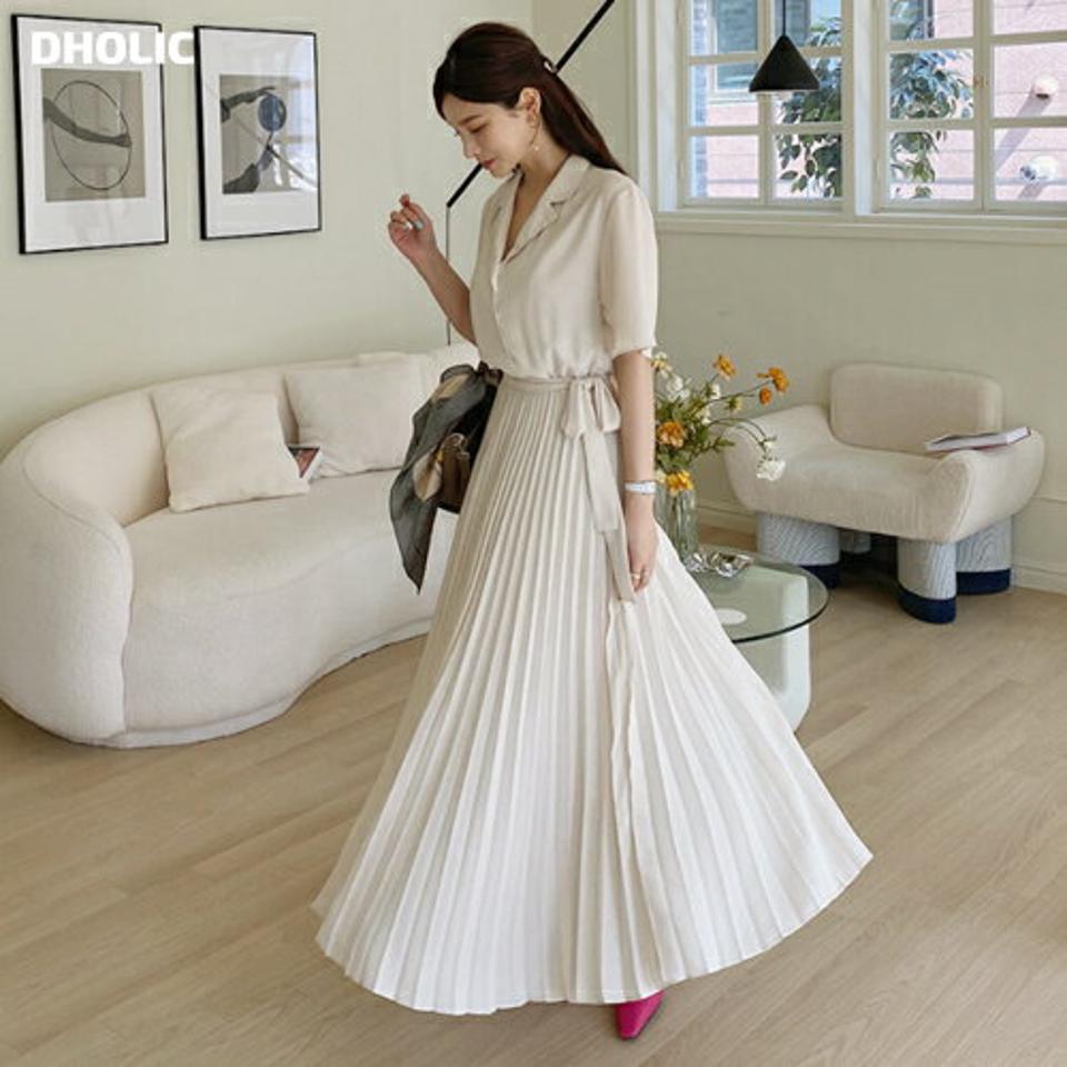 ストラップ付プリーツ開襟ワンピース・全2色・t67825 レディース 【ops】【ワンピース ロング ロングワンピース 半袖 ハーフスリーブ プリーツ 開襟 スキッパー フェミニン 可愛い かわいい きれいめ 春 夏 韓国 ファッション】【ハイホリHIHOLLI】