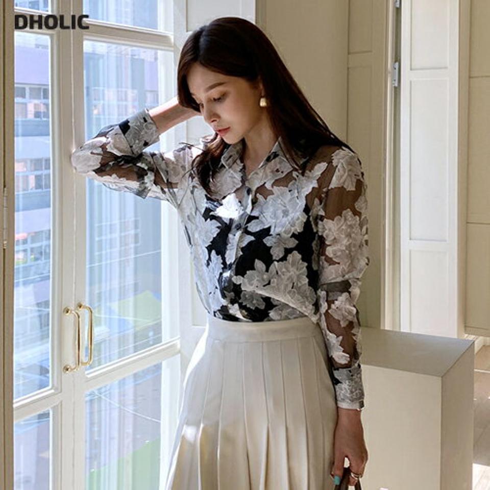 オーガンジー花柄ブラウス・全2色・b67777 レディース 【bl】【トップス ブラウス 長袖 花柄 フラワー オーガンジー 透け感 シアー 大人 きれいめ 春 秋 韓国 ファッション】【ハイホリHIHOLLI】