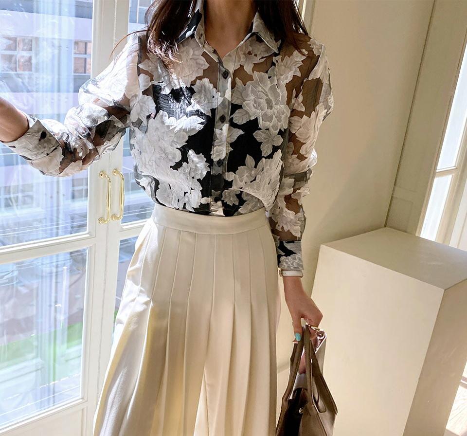 オーガンジー花柄ブラウス・全2色・b67777 レディース 【bl】【トップス ブラウス 長袖 花柄 フラワー オーガンジー 透け感 シアー 大人 きれいめ 春 秋 韓国 ファッション】【ハイホリHIHOLLI】