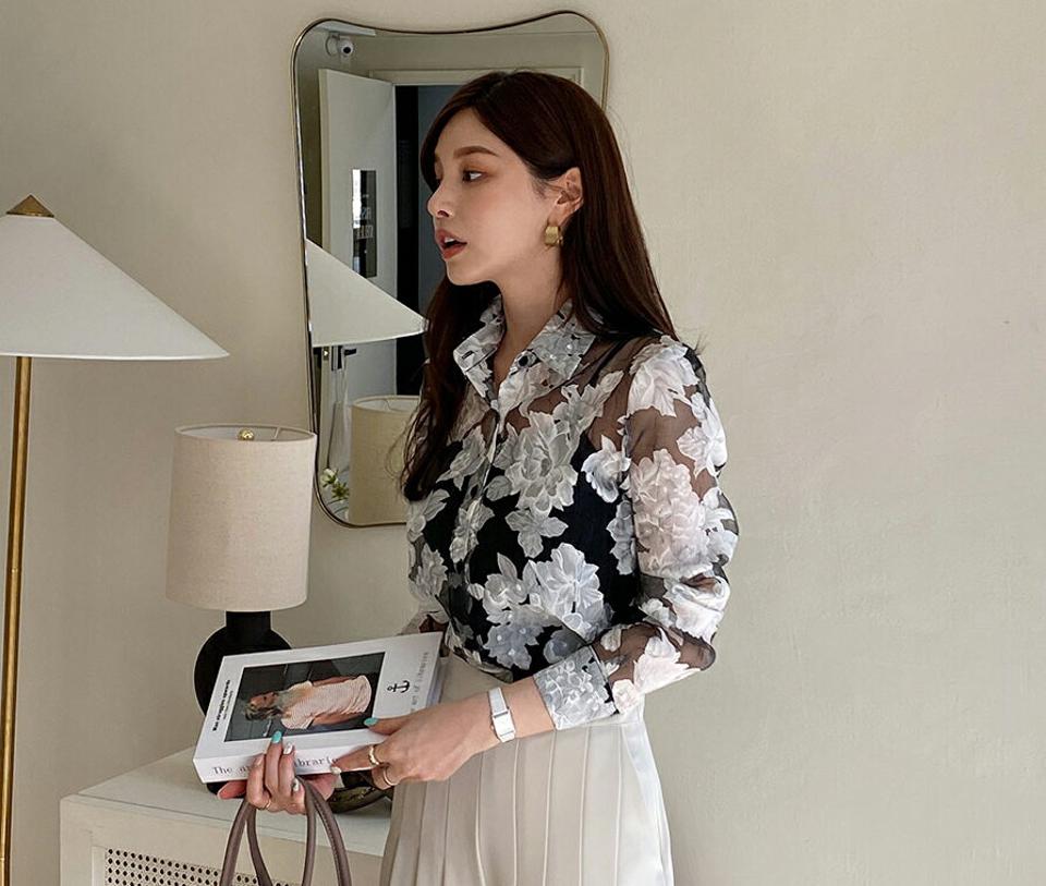 オーガンジー花柄ブラウス・全2色・b67777 レディース 【bl】【トップス ブラウス 長袖 花柄 フラワー オーガンジー 透け感 シアー 大人 きれいめ 春 秋 韓国 ファッション】【ハイホリHIHOLLI】