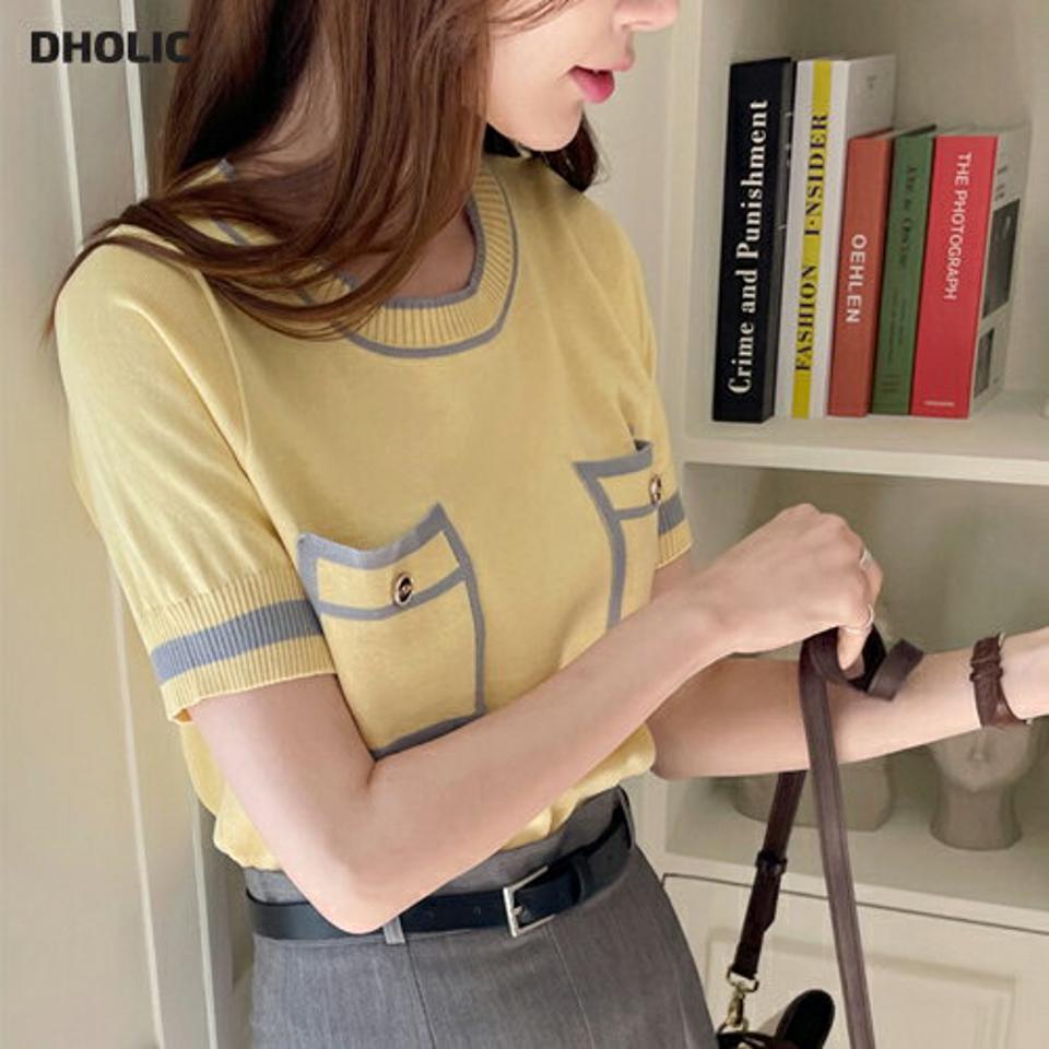 【只今10%OFF】配色ラインポケットニット・全3色・b67772 レディース 【tops】【トップス ニット ニットトップス 半袖 配色 モダン 大人 レトロ きれいめ 春 夏 韓国 ファッション】【ハイホリHIHOLLI】