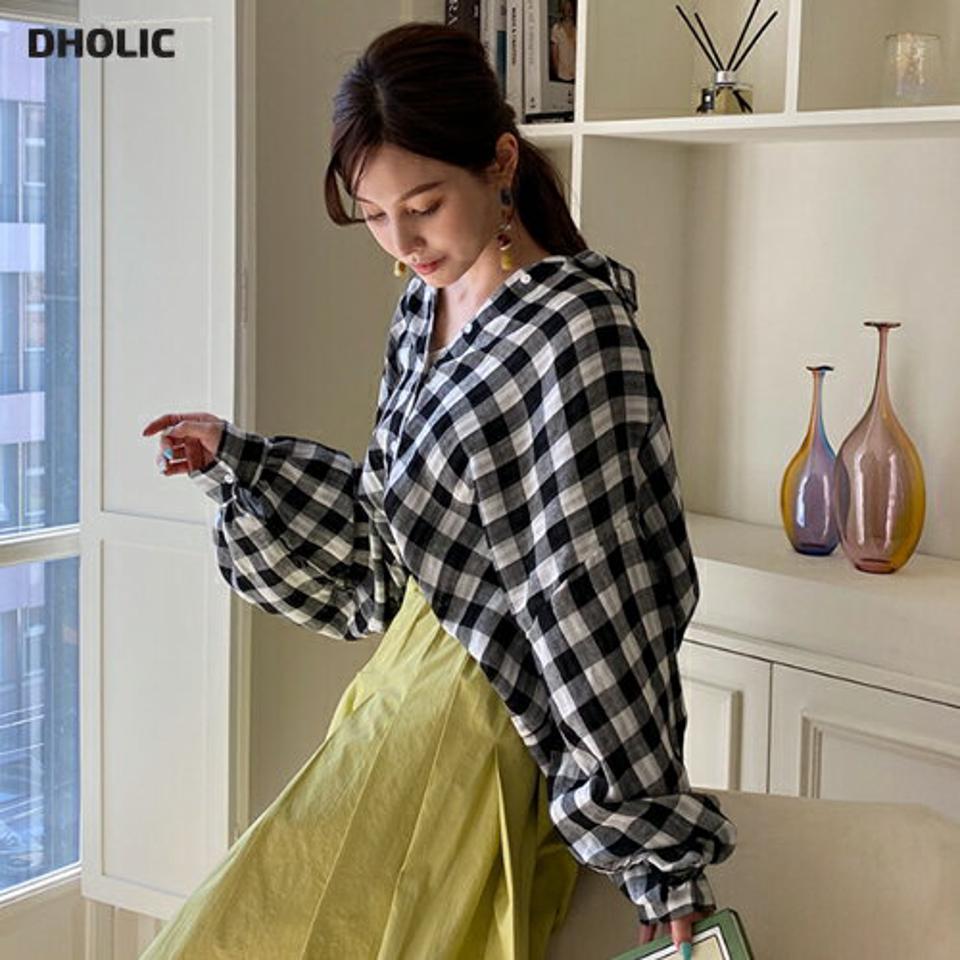 ストライプライナーチェックシャツ・全2色・t67778 レディース 【bl】【トップス シャツ チェック柄 チェックシャツ ボリューム袖 長袖 ゆったり カジュアル 春 秋 韓国 ファッション】【ハイホリHIHOLLI】