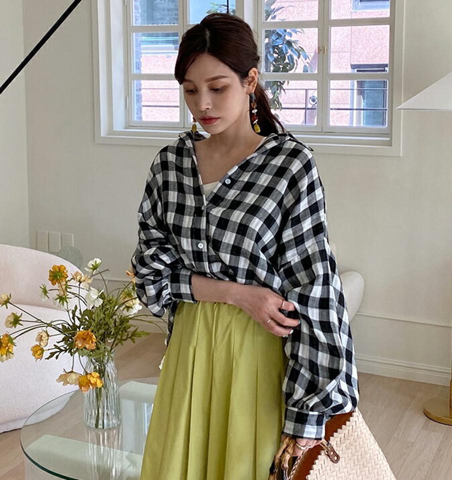 ストライプライナーチェックシャツ・全2色・t67778 レディース 【bl】【トップス シャツ チェック柄 チェックシャツ ボリューム袖 長袖 ゆったり カジュアル 春 秋 韓国 ファッション】【ハイホリHIHOLLI】