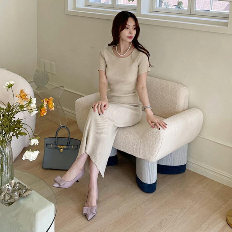 リブニット&スカートSET・全3色・t67826 レディース 【sk】【セットアップ setup ニットアップ トップス ニット 半袖 リブ スカート ロングスカート スリット 単色 シンプル 大人 春 夏 韓国 ファッション】【ハイホリHIHOLLI】