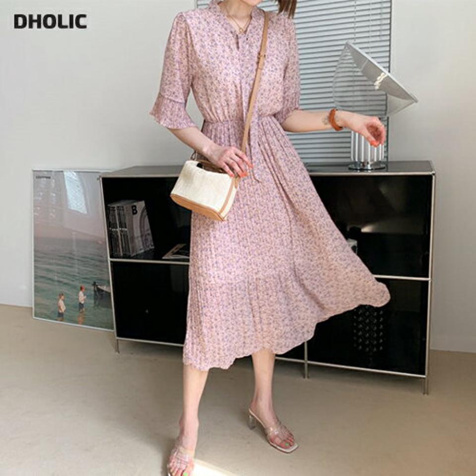 リボンプリーツ花柄ワンピース・全4色・b65175 レディース 【ops】【韓国 ファッション ワンピース ロング ロングワンピース 半袖 花柄 フラワー パターン プリーツ リボン シフォン 小花柄 体型カバー フェミニン カジュアル 夏 春】