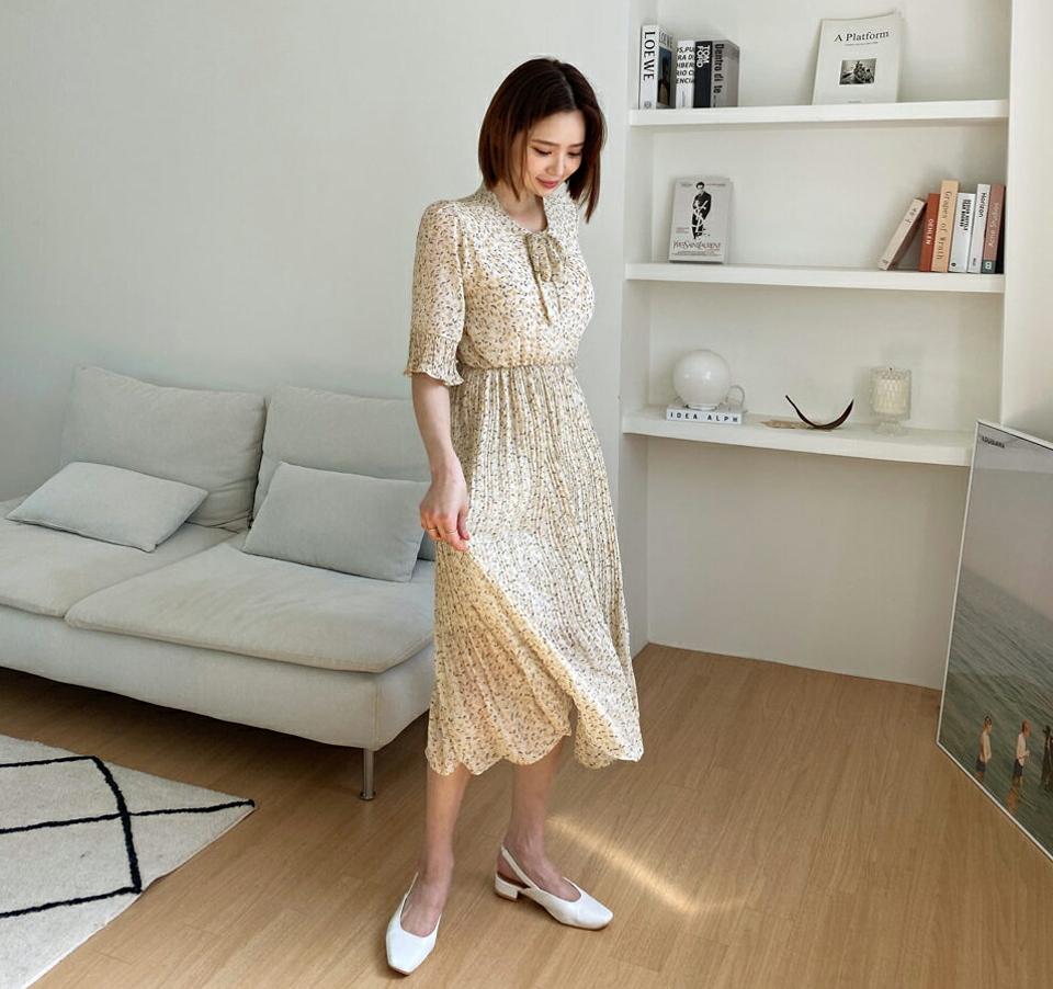 リボンプリーツ花柄ワンピース・全4色・b65175 レディース 【ops】【韓国 ファッション ワンピース ロング ロングワンピース 半袖 花柄 フラワー パターン プリーツ リボン シフォン 小花柄 体型カバー フェミニン カジュアル 夏 春】