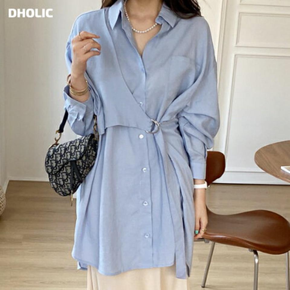 Dリングベルトラップブラウス・全3色・t67822 レディース 【bl】【トップス ブラウス 長袖 Dリング ベルト 単色 大人 個性的 ユニーク シンプル ラップデザイン 春 秋 韓国 ファッション】【ハイホリHIHOLLI】