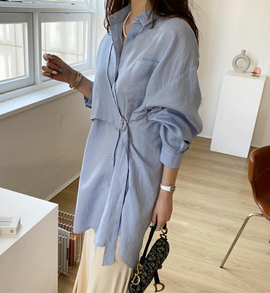 Dリングベルトラップブラウス・全3色・t67822 レディース 【bl】【トップス ブラウス 長袖 Dリング ベルト 単色 大人 個性的 ユニーク シンプル ラップデザイン 春 秋 韓国 ファッション】【ハイホリHIHOLLI】