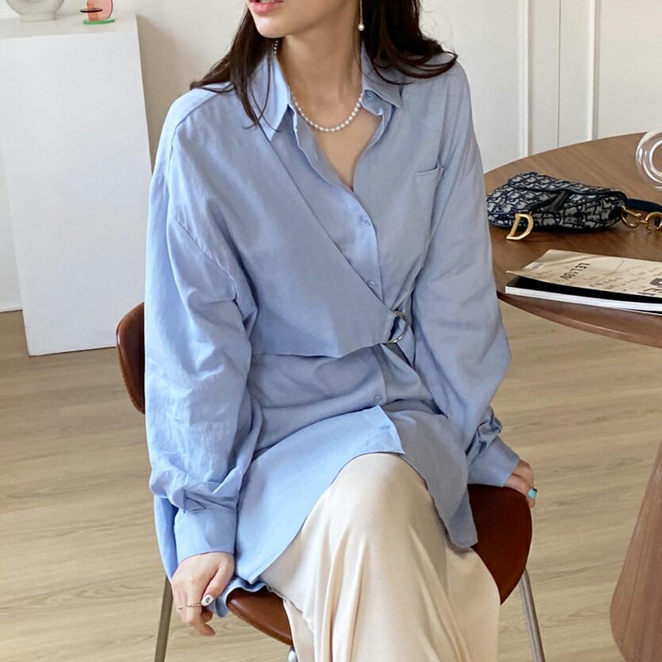 Dリングベルトラップブラウス・全3色・t67822 レディース 【bl】【トップス ブラウス 長袖 Dリング ベルト 単色 大人 個性的 ユニーク シンプル ラップデザイン 春 秋 韓国 ファッション】【ハイホリHIHOLLI】