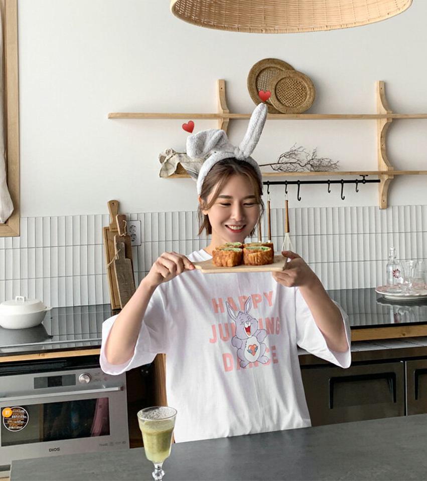 MAYBLUE(メイブルー)ラビットプリントルーズTシャツ【4/12up_ka】Tシャツ 5分袖 プリントT クルーネック ビッグサイズ イラストT【5】