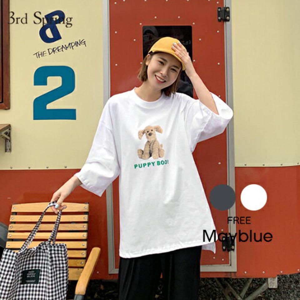 MAYBLUE(メイブルー)イヌプリントスリットTシャツ【4/12up_ka】イッヌ ビッグサイズT スリットT Tシャツ トップス 5分袖 プリントT 【5】