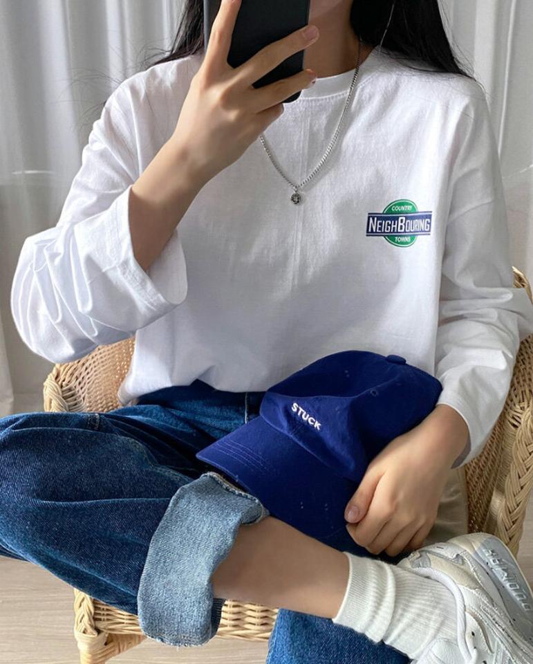SONYUNARA(ソニョナラ)COUNTRY TOWNプリント長袖Tシャツ【4/12up_ka】韓国 韓国ファッション Tシャツ 長袖 ロンT バックプリント オーバーサイズ【5】