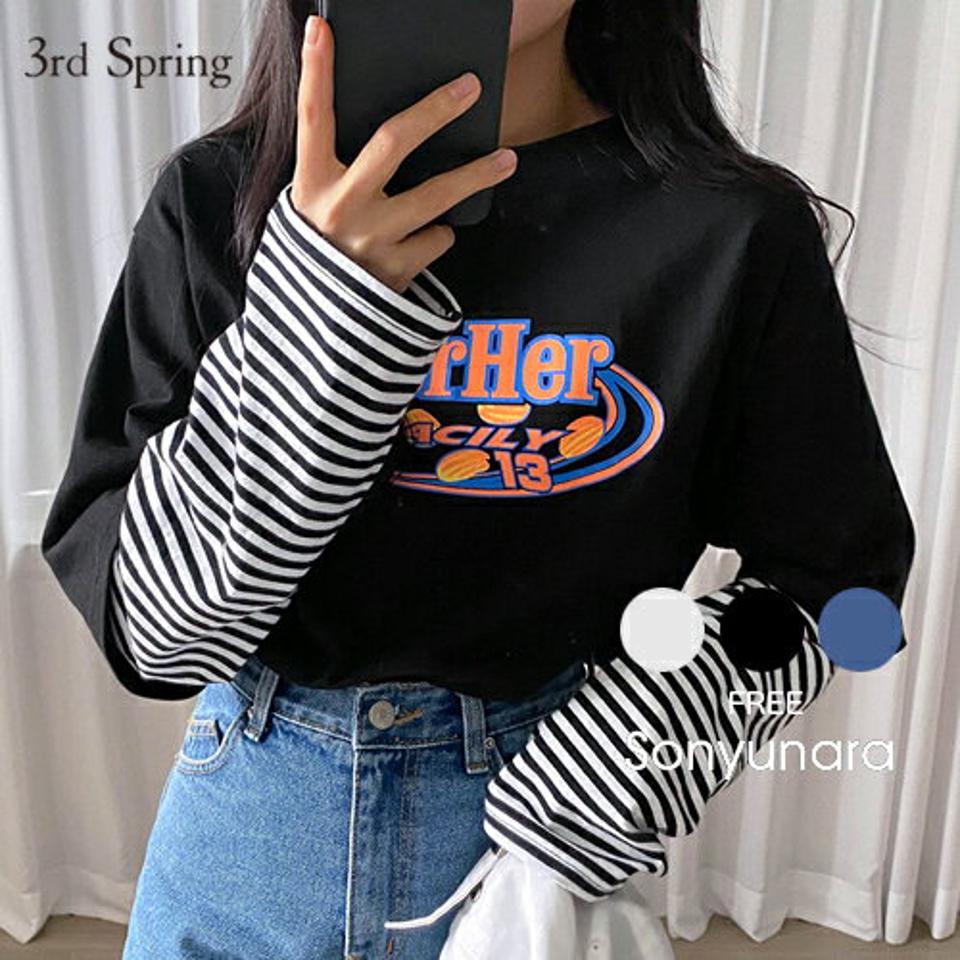SONYUNARA(ソニョナラ)ストライプレイヤード長袖Tシャツ【4/12up_ka】韓国 韓国ファッション Tシャツ 長袖 レイヤード ボーダー プリント 【5】