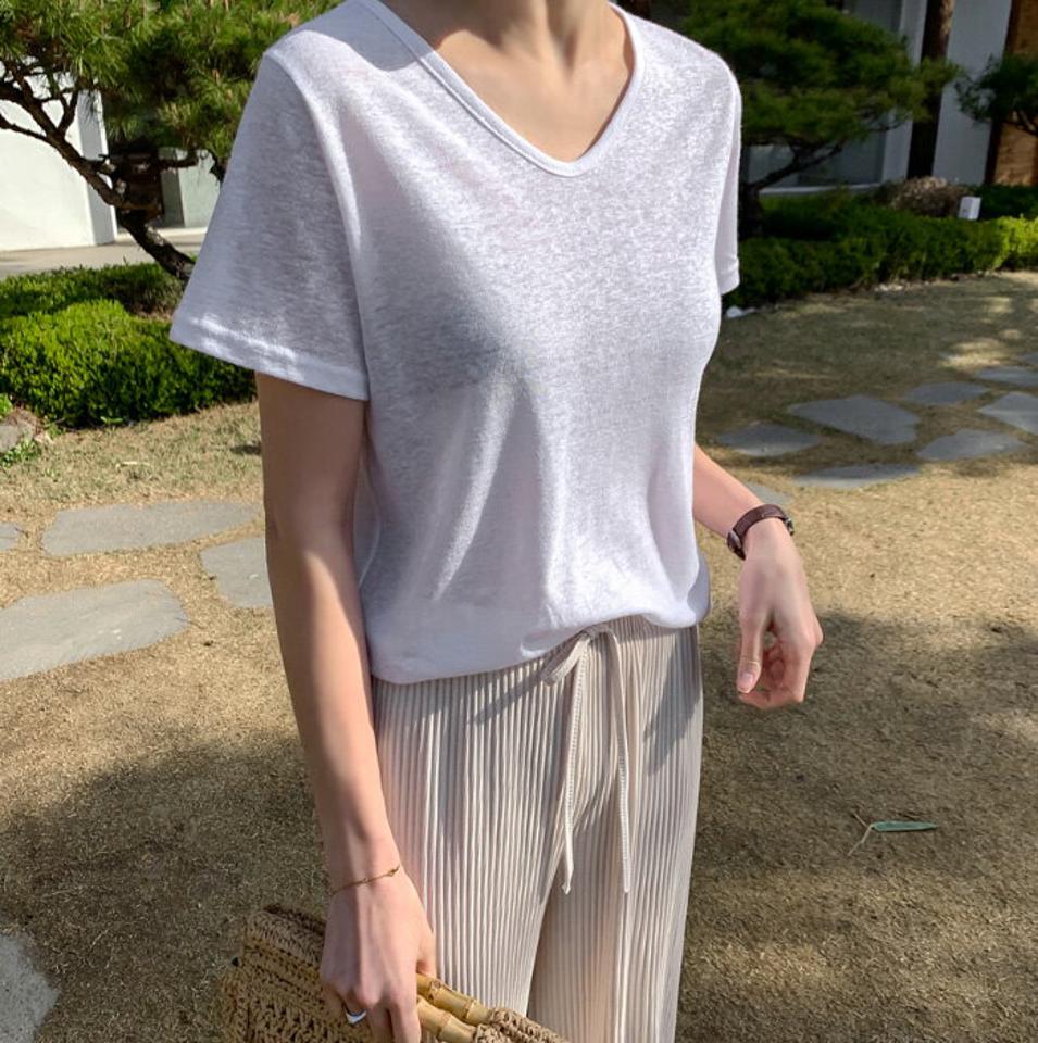 MAYBLUE(メイブルー)シンプルリネン混半袖Tシャツ【4/9up_ka】ベーシック リネンT Vネック 半袖 シンプル 無地【5】