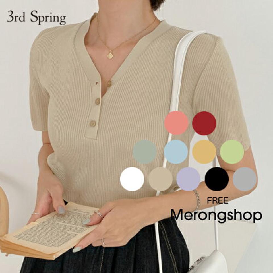 MERONGSHOP(メロンショップ)ヘンリーネックリブニットT【4/9up_ka】【メール便】韓国 韓国ファッション トップス ニット カットソー リブニット tシャツ ニットt ヘンリーネック Vネック パステルカラー レディース ファッション【5】