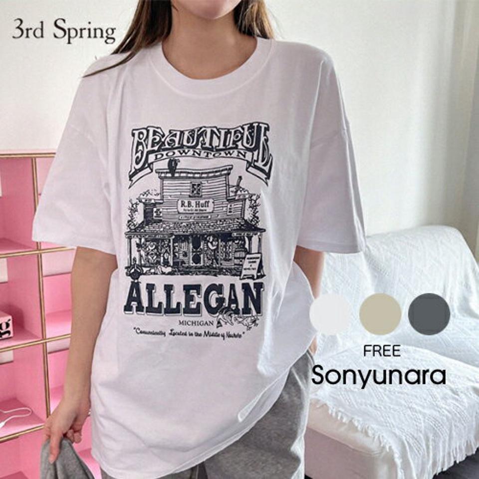 SONYUNARA(ソニョナラ)ALLEGANプリント半袖Tシャツ【4/9up_ka】韓国 韓国ファッション Tシャツ 半袖 ロゴ モノトーン オーバーサイズ 体型カバー【5】