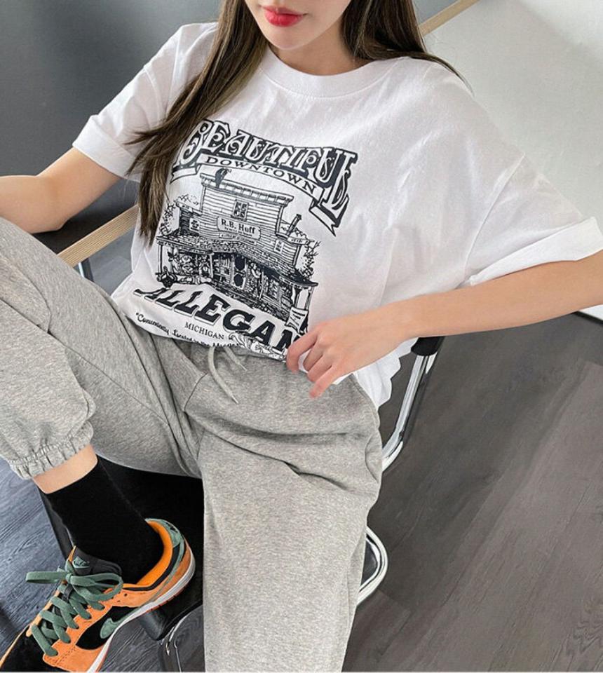 SONYUNARA(ソニョナラ)ALLEGANプリント半袖Tシャツ【4/9up_ka】韓国 韓国ファッション Tシャツ 半袖 ロゴ モノトーン オーバーサイズ 体型カバー【5】