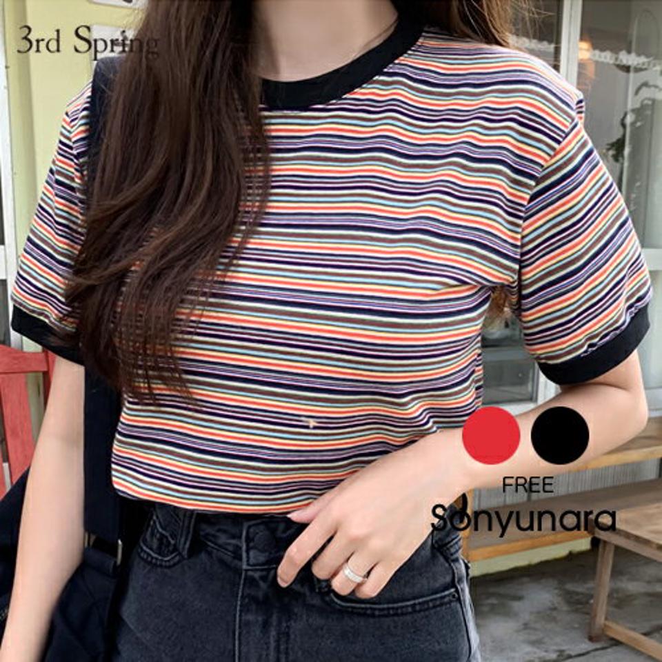 SONYUNARA(ソニョナラ)レインボーボーダー半袖tシャツ【4/9up_ka】韓国 韓国ファッション tシャツ 半袖 マルチボーダー レインボー クロップ【即納】