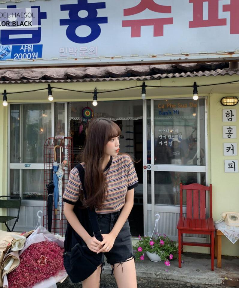 SONYUNARA(ソニョナラ)レインボーボーダー半袖tシャツ【4/9up_ka】韓国 韓国ファッション tシャツ 半袖 マルチボーダー レインボー クロップ【即納】