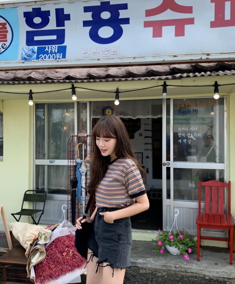 SONYUNARA(ソニョナラ)レインボーボーダー半袖tシャツ【4/9up_ka】韓国 韓国ファッション tシャツ 半袖 マルチボーダー レインボー クロップ【即納】