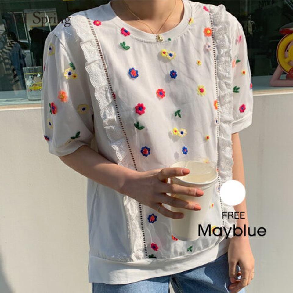 MAYBLUE(メイブルー)フラワー刺繍フリルTシャツ【4/9up_ka】花柄 フリルT Tシャツ 刺繍 トップス 半袖【5】