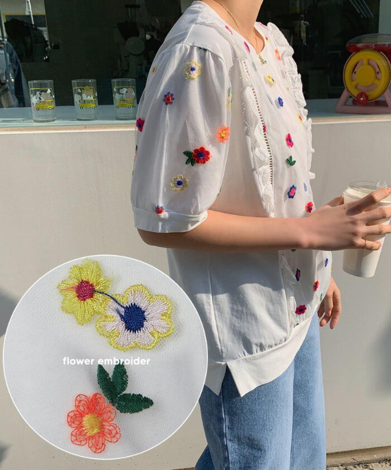MAYBLUE(メイブルー)フラワー刺繍フリルTシャツ【4/9up_ka】花柄 フリルT Tシャツ 刺繍 トップス 半袖【5】