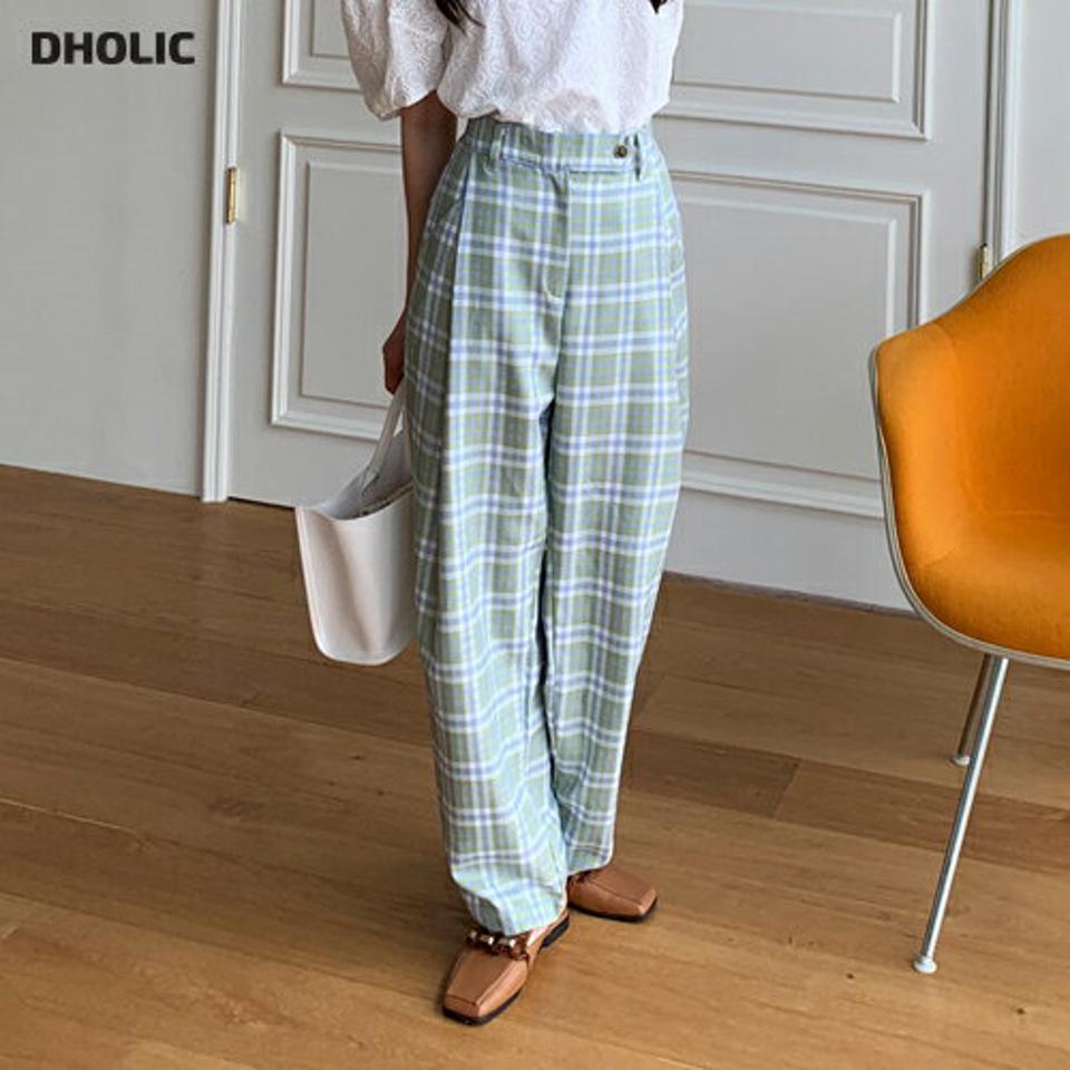 ワイドチェックスラックス・全2色・t61894 レディース 【pt】【韓国 ファッション ボトムス ロング ロングパンツ スラックス ロングスラックス チェック ワイドスラックス ワイド テーパード 体型カーバー 10分丈 十分丈 夏 春】