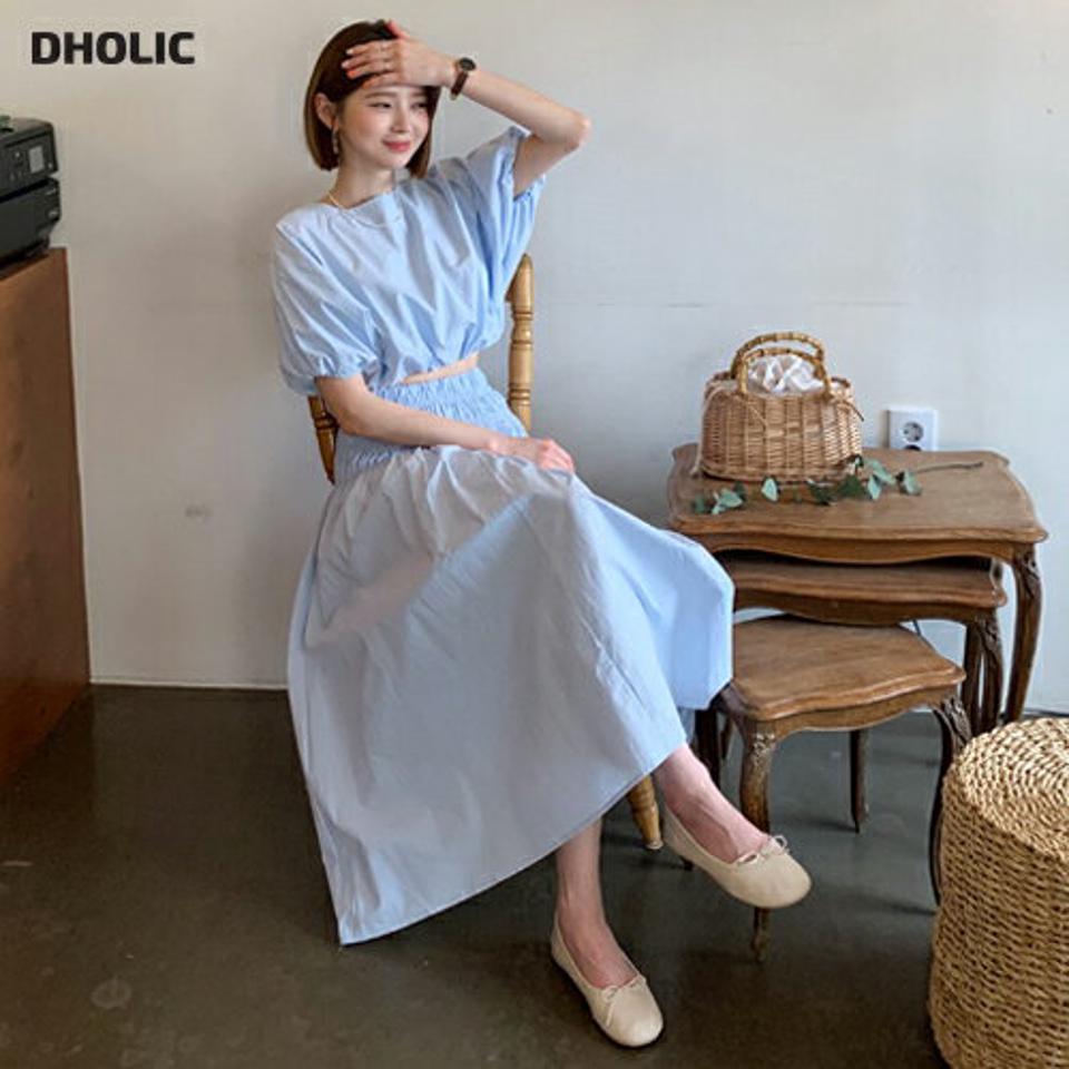 パフブラウス&ギャザースカートSET・全2色・t61886 レディース 【ops】【韓国 ファッション ワンピース ロング ロングワンピース 半袖 パフスリーブ セットアップ ブラウス ラウンドネック クロップド スカート ギャザー 細身 体型カバー 夏 春】