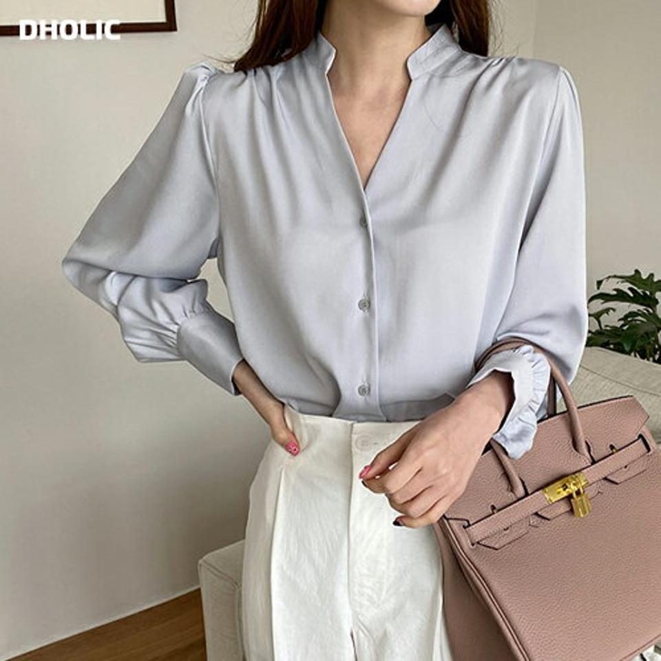 スリットネックボタンブラウス・全3色・t67881 レディース 【bl】【トップス ブラウス 長袖 スリットネック 単色 無地 シンプル 大人 きれいめ オフィスカジュアル 通勤 春 秋 韓国 ファッション】【ハイホリHIHOLLI】