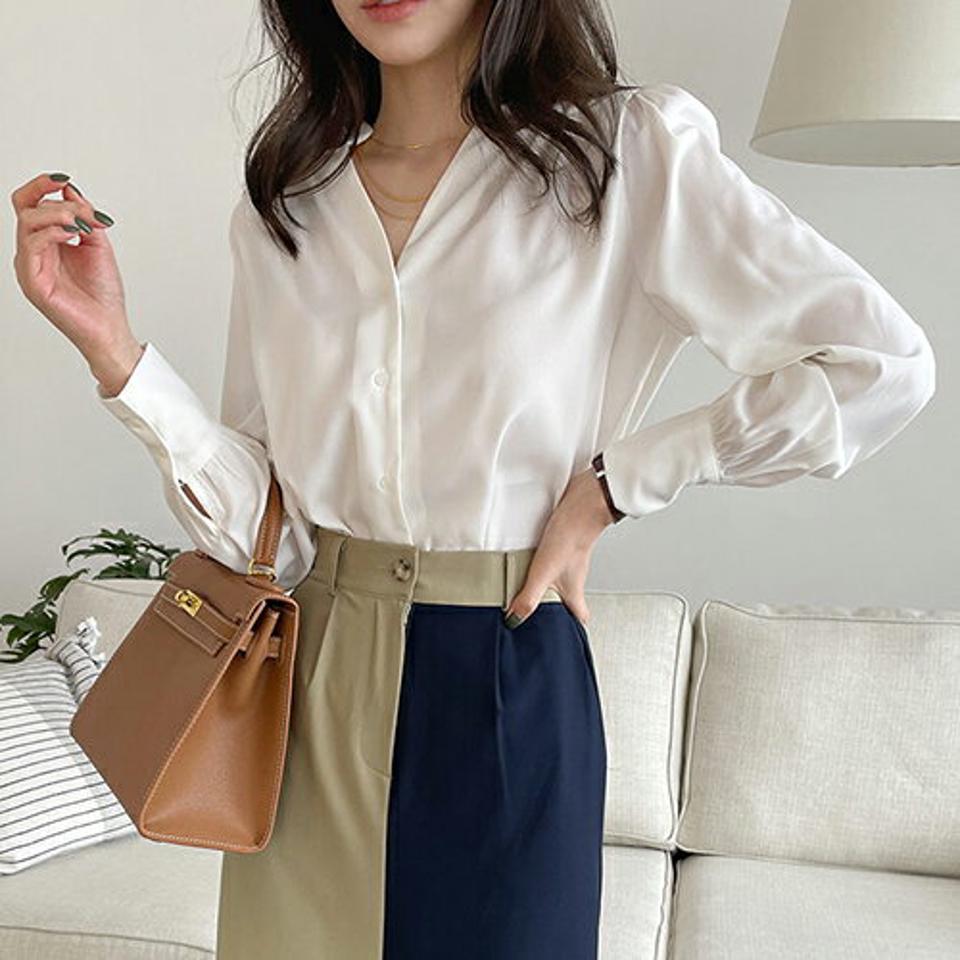 スリットネックボタンブラウス・全3色・t67881 レディース 【bl】【トップス ブラウス 長袖 スリットネック 単色 無地 シンプル 大人 きれいめ オフィスカジュアル 通勤 春 秋 韓国 ファッション】【ハイホリHIHOLLI】