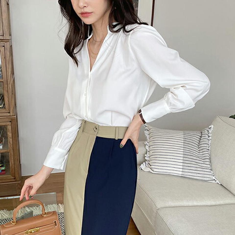 スリットネックボタンブラウス・全3色・t67881 レディース 【bl】【トップス ブラウス 長袖 スリットネック 単色 無地 シンプル 大人 きれいめ オフィスカジュアル 通勤 春 秋 韓国 ファッション】【ハイホリHIHOLLI】
