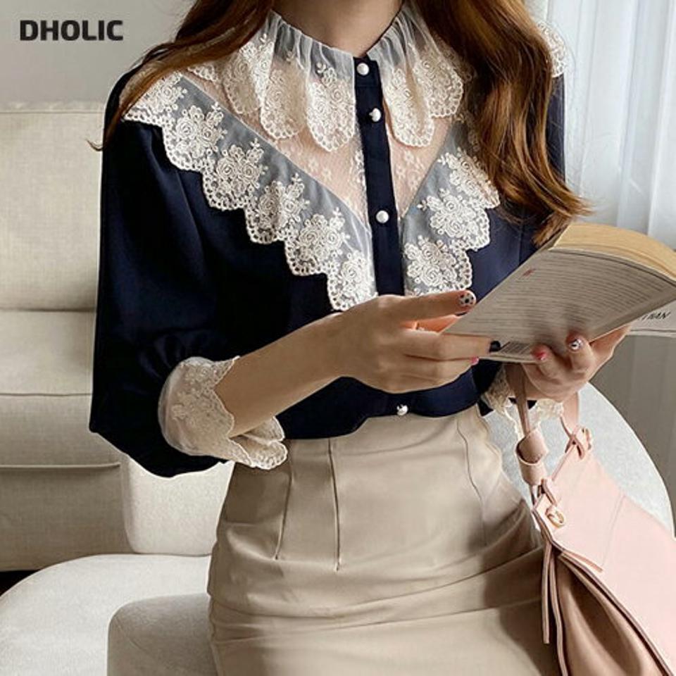パール調ボタンレースポイントブラウス・全3色・b67882 レディース 【bl】【トップス ブラウス 七分丈 七分袖 7分丈 7分袖 パールボタン レース モダン フェミニン かわいい 可愛い 透け感 シアー シースルー 春 秋 韓国 ファッション】【ハイホリHIHOLLI】