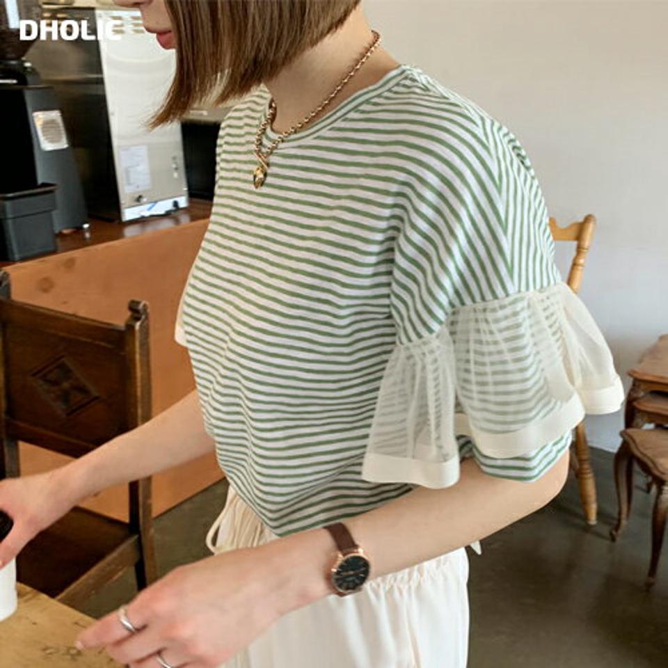 シアーフリルスリーブボーダーTシャツ・全4色・b61874 レディース 【tops】【韓国 ファッション トップス Tシャツ 半袖 ラウンドネック シアー 異素材 フリル ボーダー ハーフスリーブ ストライプ パターン 細身 カジュアル 体型カーバー 夏 春】