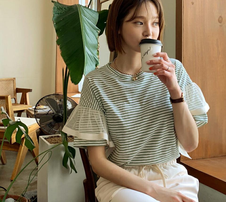 シアーフリルスリーブボーダーTシャツ・全4色・b61874 レディース 【tops】【韓国 ファッション トップス Tシャツ 半袖 ラウンドネック シアー 異素材 フリル ボーダー ハーフスリーブ ストライプ パターン 細身 カジュアル 体型カーバー 夏 春】