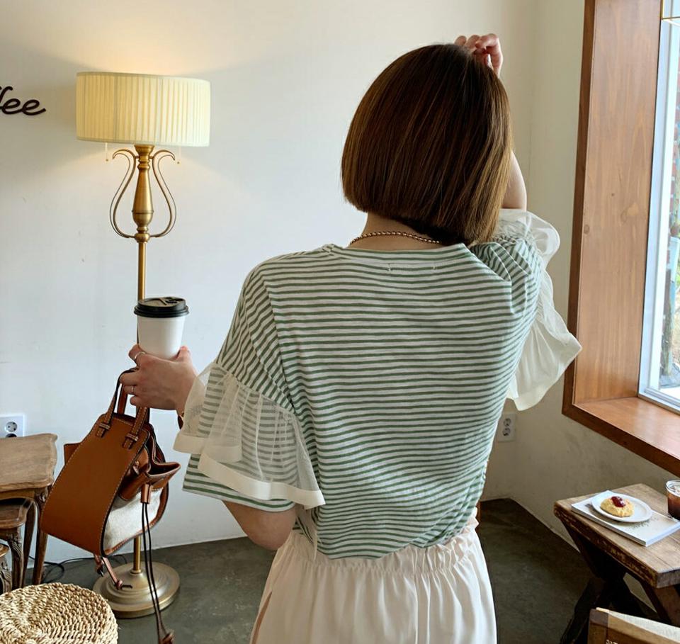シアーフリルスリーブボーダーTシャツ・全4色・b61874 レディース 【tops】【韓国 ファッション トップス Tシャツ 半袖 ラウンドネック シアー 異素材 フリル ボーダー ハーフスリーブ ストライプ パターン 細身 カジュアル 体型カーバー 夏 春】
