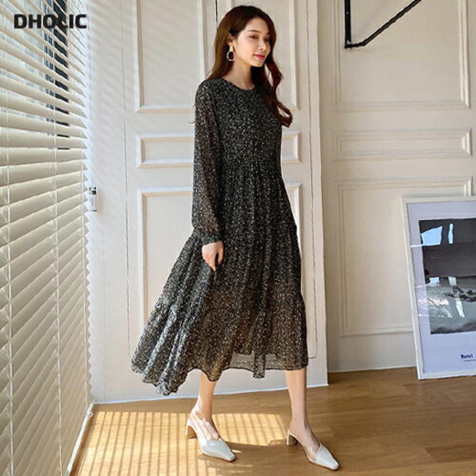 ストラップ付花柄ワンピース・全2色・b67899 レディース 【ops】【ワンピース ロング ロングワンピース 長袖 花柄 小花柄 フラワー シフォン 可愛い かわいい フェミニン 春 秋 韓国 ファッション】【ハイホリHIHOLLI】