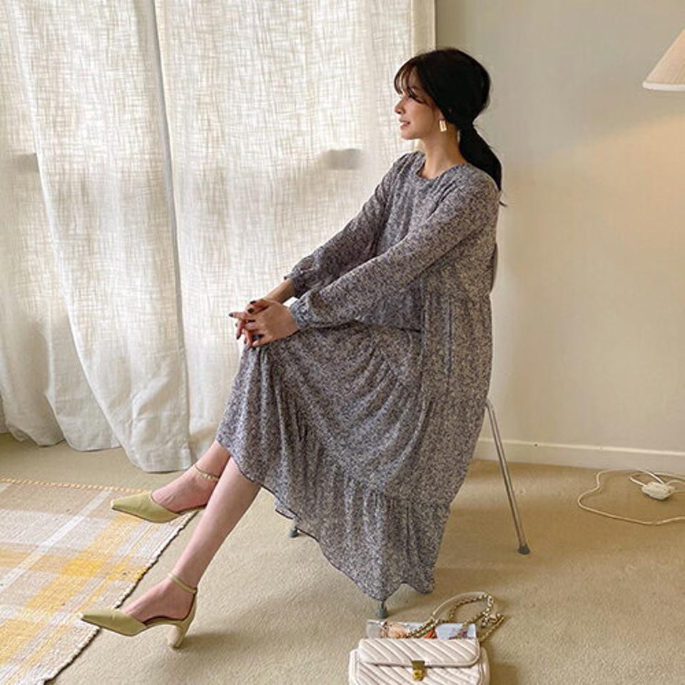 ストラップ付花柄ワンピース・全2色・b67899 レディース 【ops】【ワンピース ロング ロングワンピース 長袖 花柄 小花柄 フラワー シフォン 可愛い かわいい フェミニン 春 秋 韓国 ファッション】【ハイホリHIHOLLI】