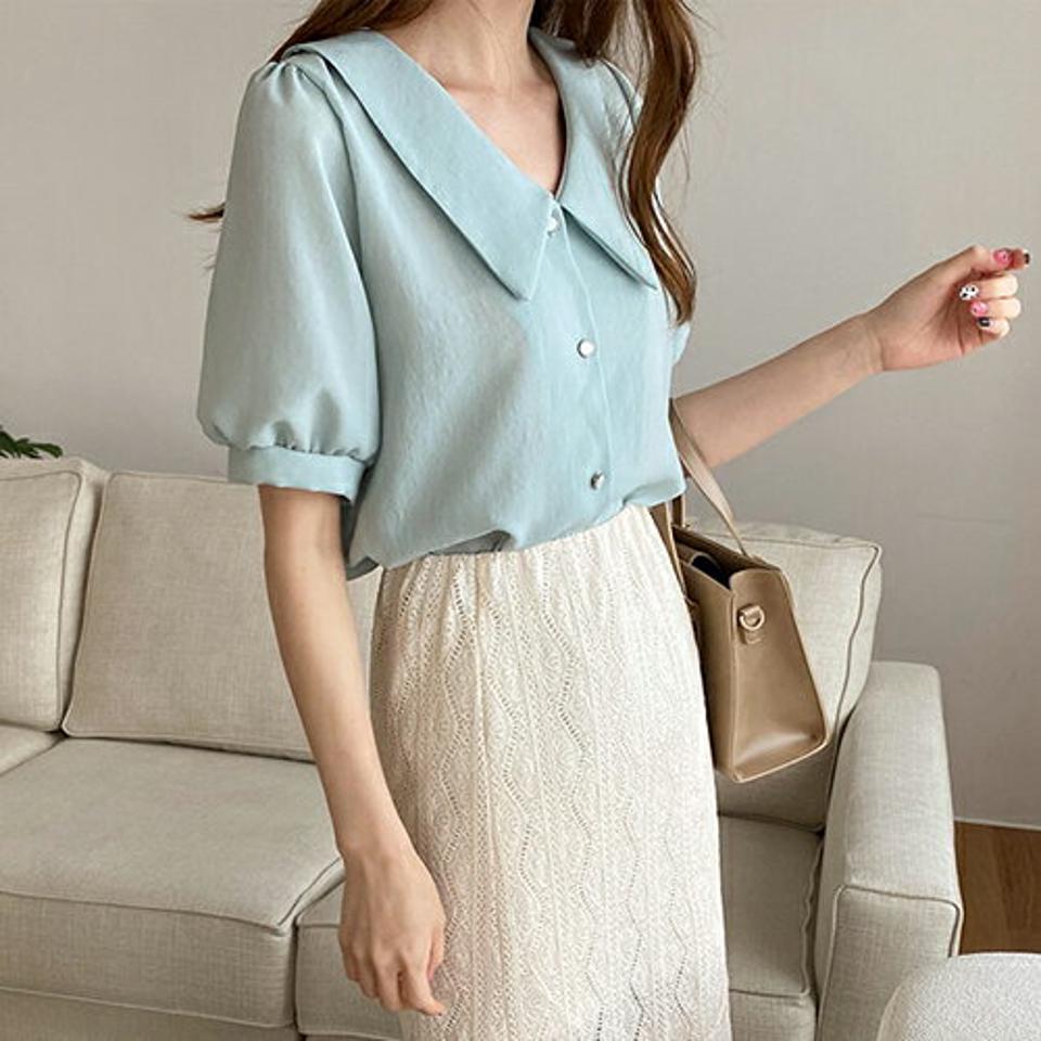 パステルカラーパフブラウス・全5色・t67903 レディース 【bl】 トップス ブラウス 半袖 ハーフスリーブ パステル 単色 無地 シンプル かわいい 可愛い 春 夏 韓国 ファッション ハイホリHIHOLLI